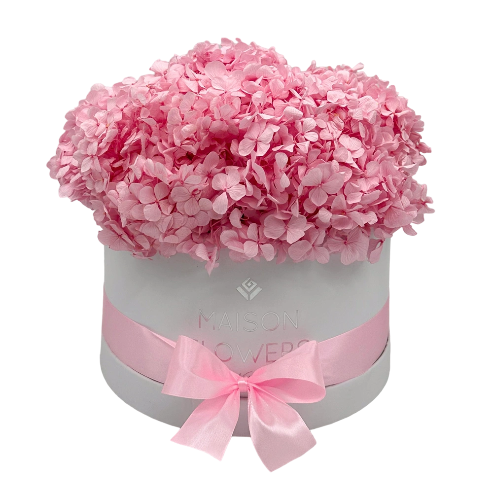 longlife hortensia pink hydrangea large round white box bestellen bij maison flowers