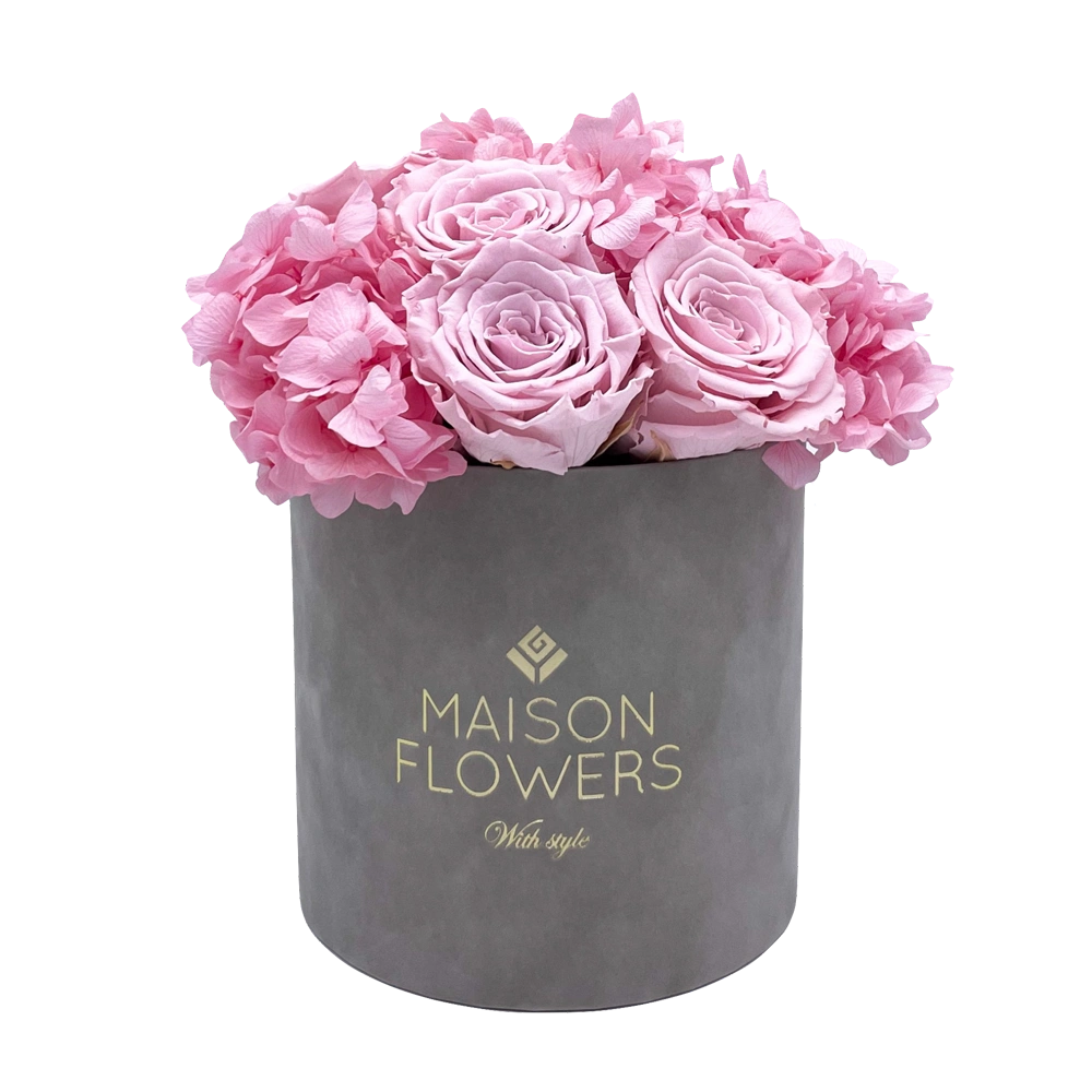 longlife rozen bloom small velvet round grey box bestellen bij maison flowers