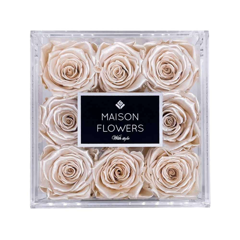 longlife rozen champagne satin rozen in small acrylic square box 2 bestellen bij maison flowers