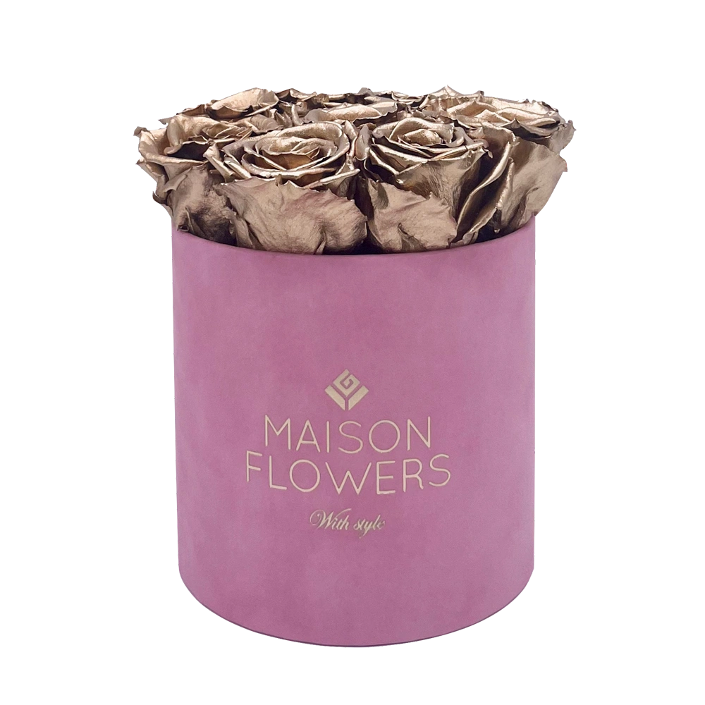 longlife rozen gold small velvet round pink box bestellen bij maison flowers