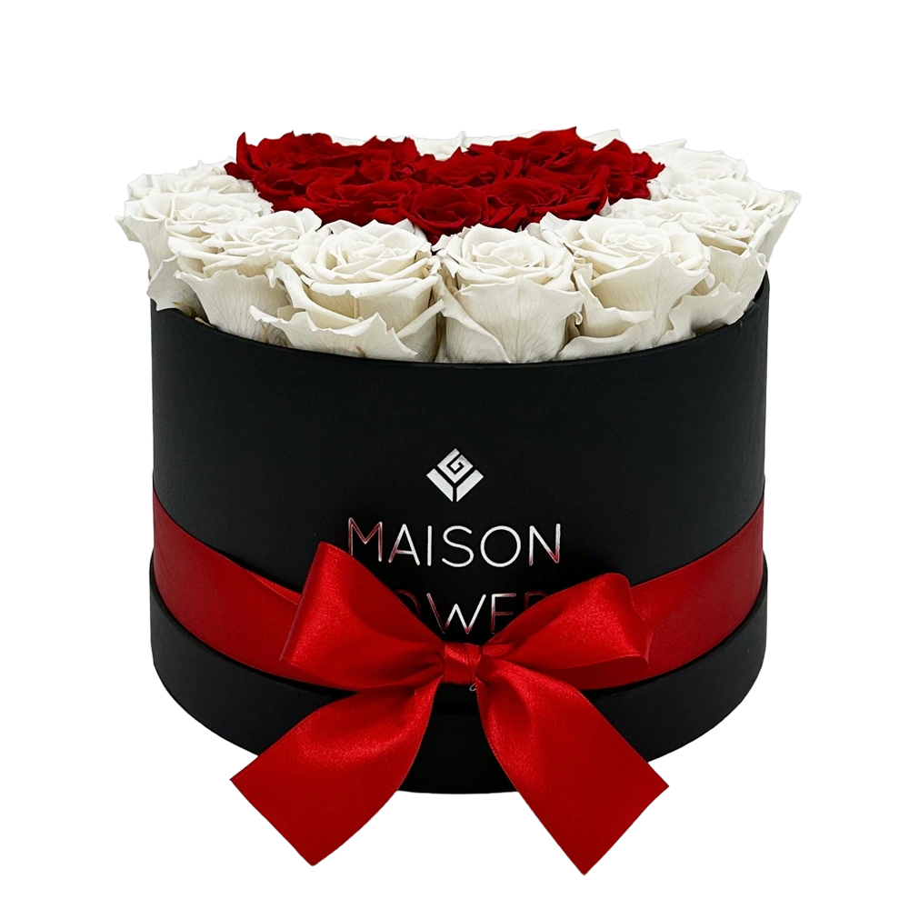 longlife rozen love red off white large round black box bestellen bij maison flowers