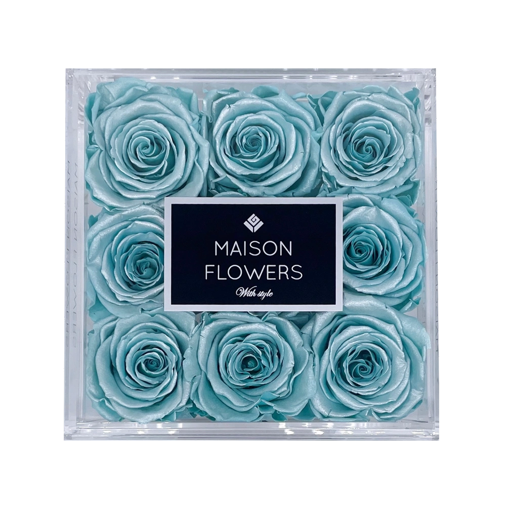 longlife rozen turquoise satin rozen in small acrylic square box 2 bestellen bij maison flowers