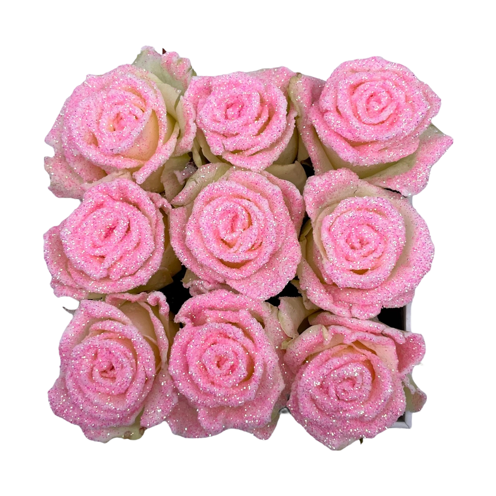 pink glitter rozen in small square box bestellen bij maison flowers